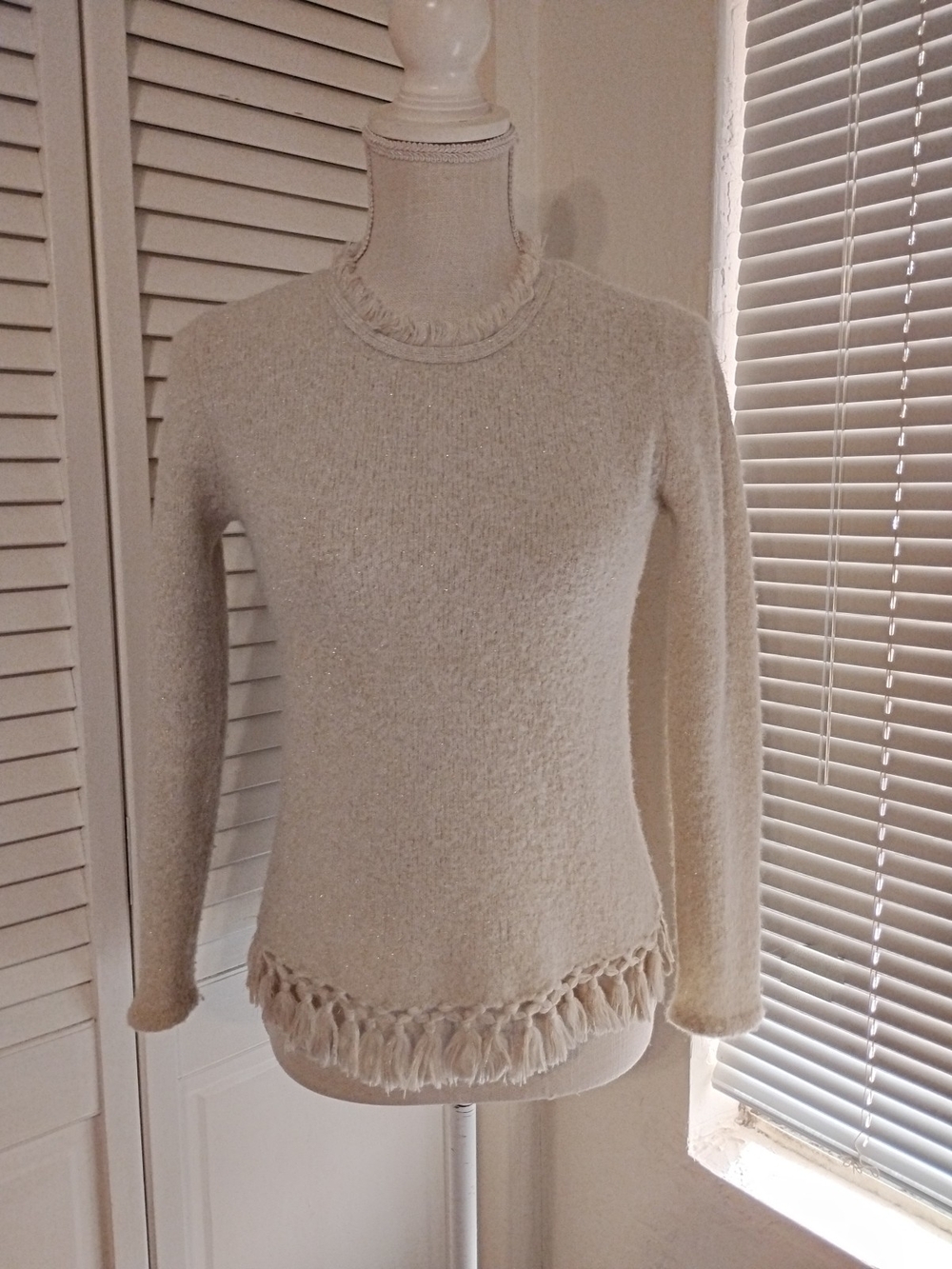 Cream Fringe Hem Knit Sweater